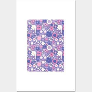 retro florals pattern, 70s groovy purple flowers, flower market, scandinavian florals, purple hues, purple, lilac, pink, hot pink Posters and Art